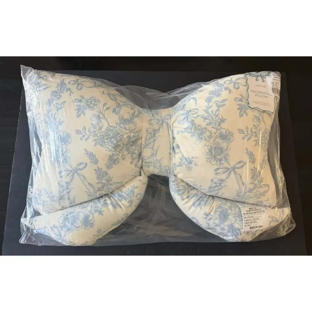 Envogue Blue Floral Toile Pattern Decor Bow Pillow Viral Coquette Cottagecore